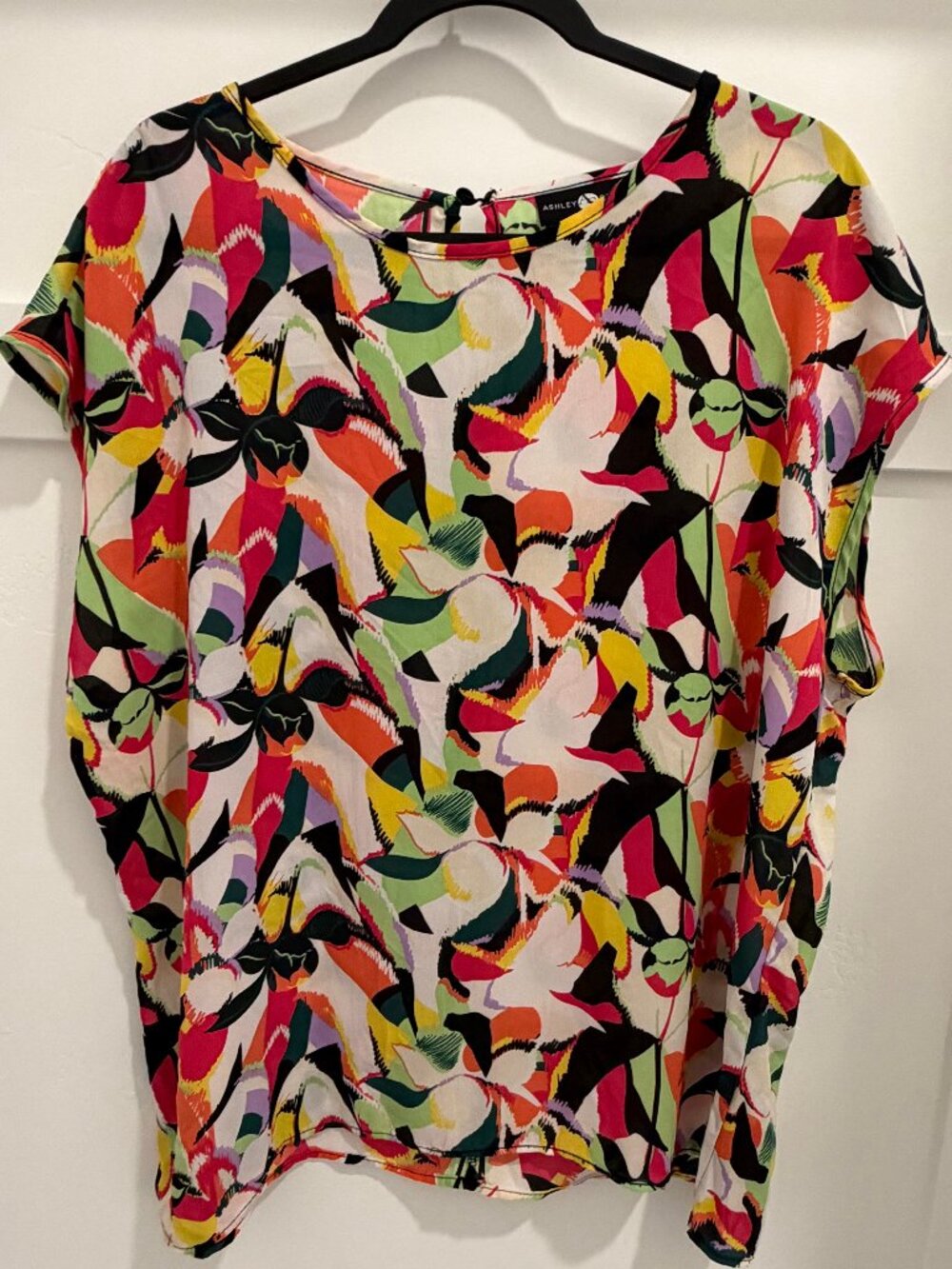 Ashley Stewart Floral Abstract Blouse Womens 14/16 Multicolor Keyhole Back Top